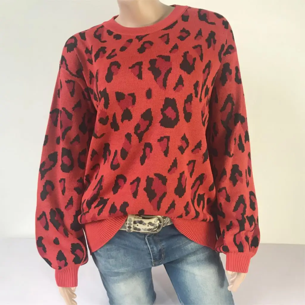 Свитер женский вязаный с леопардовым принтом и длинным рукавом | Женская одежда