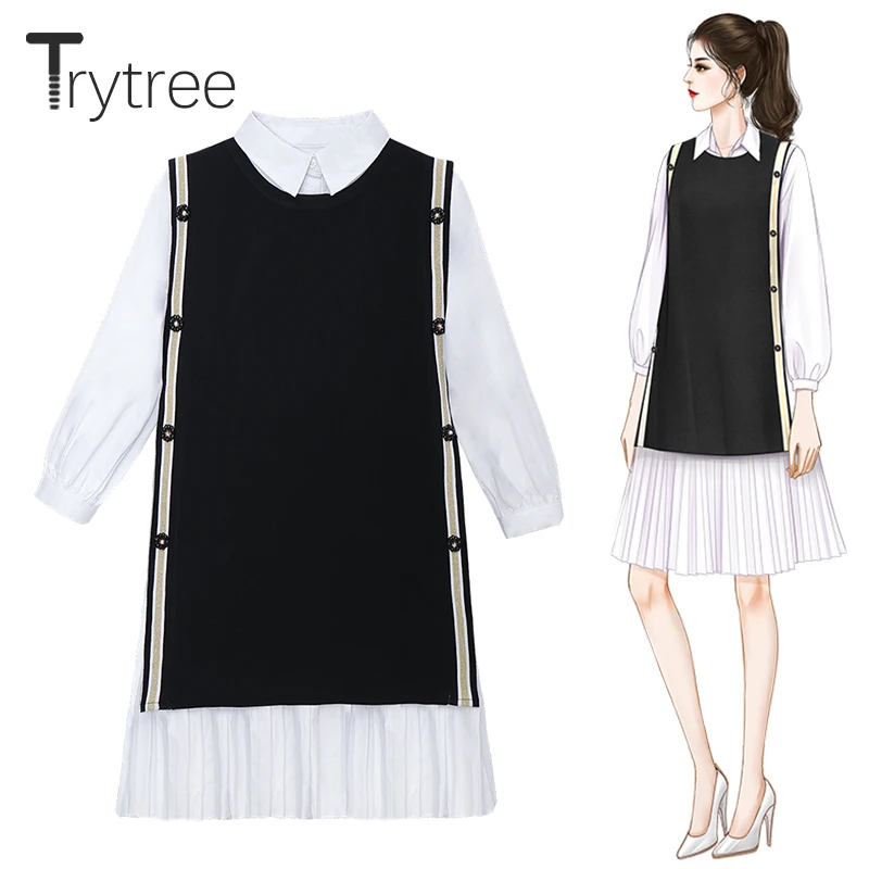 Trytree 2019 Autumn Women two piece set Casual Solid Knitted Tank Top + Dress Turn-down Collar Mini Office Lady Set 2 Piece | Женская
