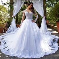 vintage nude tulle long sleeves lace a line wedding dress boho o neck appliques crystals beaded bridal gown vestidos de novia