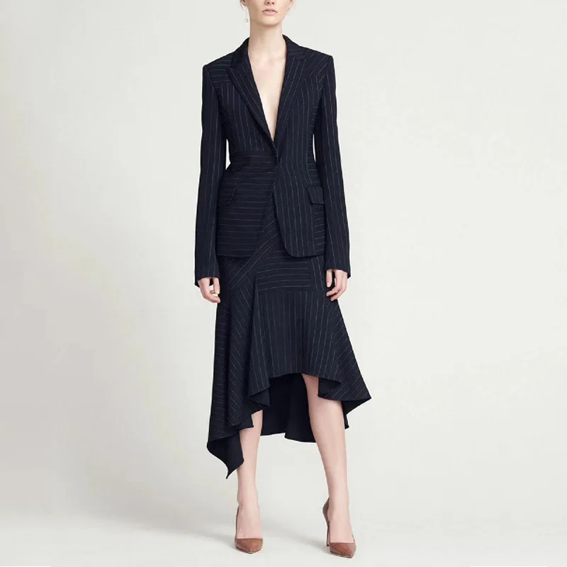 High-end Office Lady's Slim Suits Striped Blazer Trumpet Ruffles Skirt Two Piece Outfits 2019 Autumn Winter Womens Formal Sets |