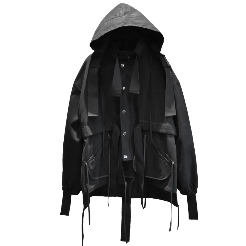 

2020 Hip Hop Techwear Winter Jacket Men's Ribbons Multi Pockets Oversized Coat Korean Style Streetwear Manteau Homme