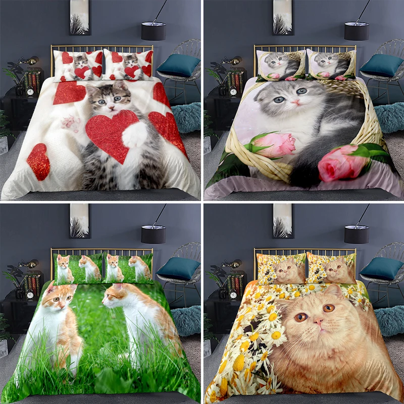 

Комплект постельного белья из полиэстера с 3d рисунком животных, пододеяльник с наволочкой, 135 покрывала, милый кот, односпальный, двуспальны...
