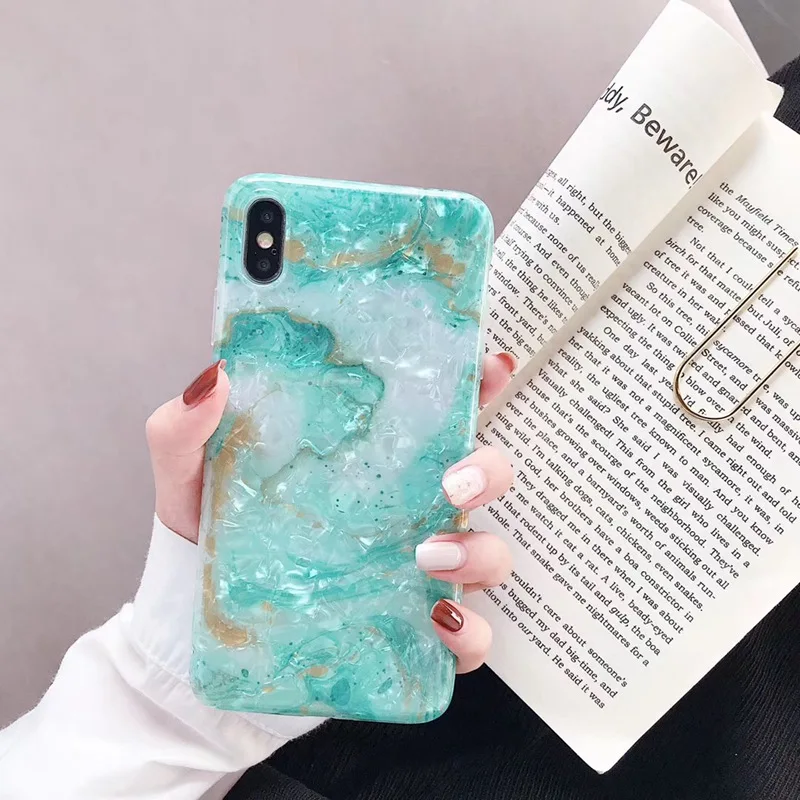 Green Shell Блестящие Чехлы под мрамор из золотой фольги для iPhone X XS XR 11 Pro Max 3D Bee Мягкий ТПУ чехол для iPhone 7 8 6S Plus блестящая задняя крышка Fundas - Цвет: Green Shell