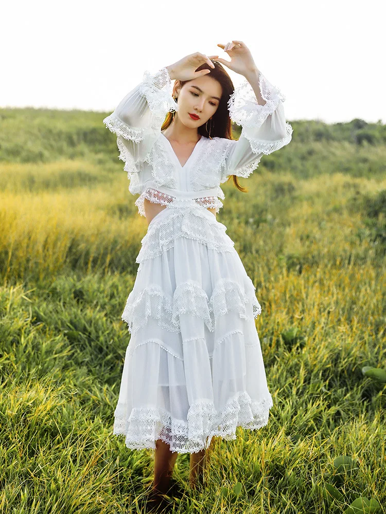 

Summer Luxury Beach Dress Women Vacation Bohemian Sexy Holiday White Elegant Palace Lace Patchwork Ladies Dresses High Quality