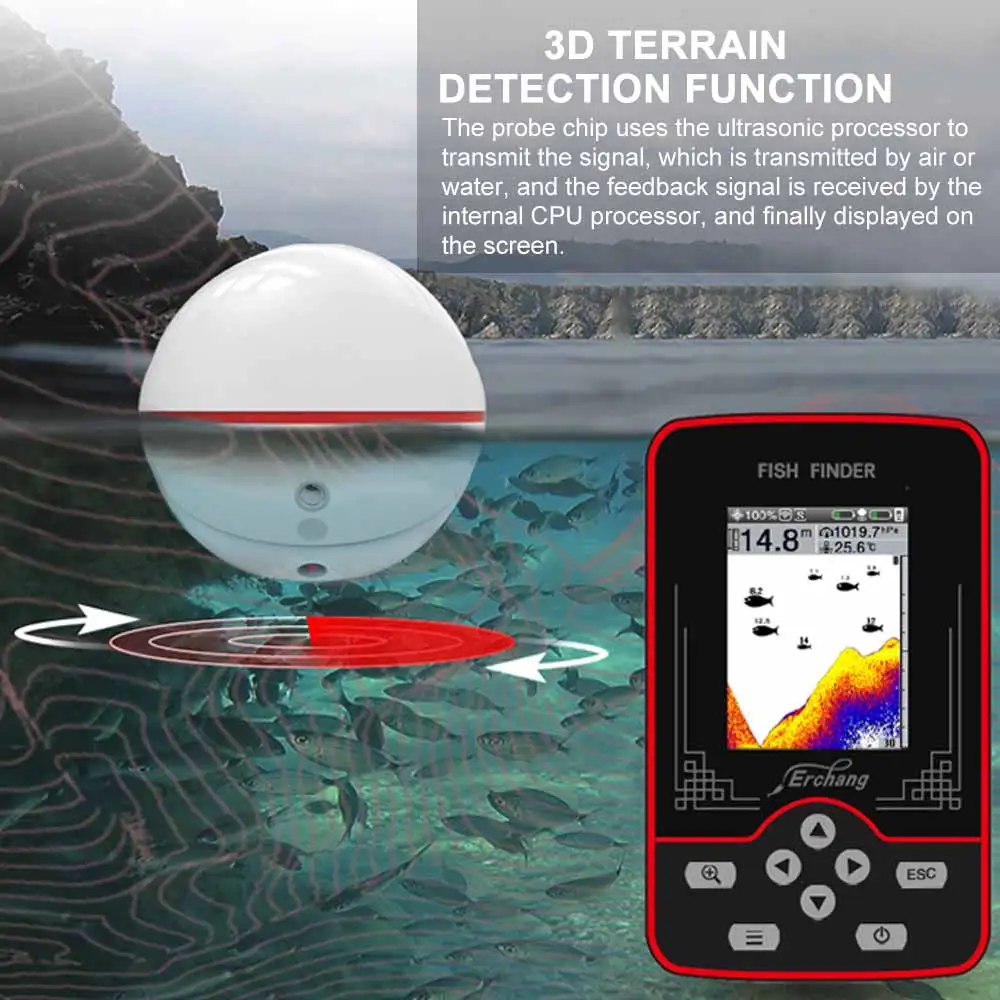 Продажа Эхолот-рыболокатор Erchang, беспроводной портативный 3D эхолот, водонепроницаемость 60 м, глубина обнаружения