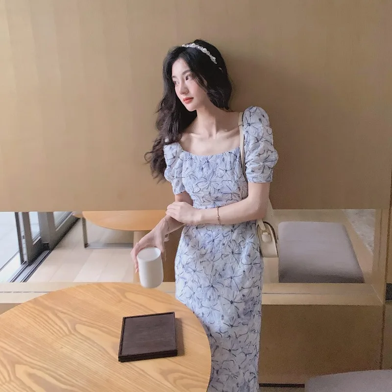 New Puff Sleeve Dress Women Summer 2020 Suqare Collar Elegant Korean Style Female Clothes Casual Mid-Calf Retro Vintage | Женская одежда
