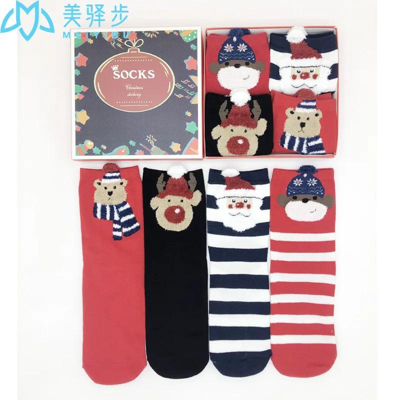 1 box is 4 Pairs Socks Women's Winter Women's Socks Big Red Gift Cotton Socks Gift Cartoon Women's Boxed Christmas Socks