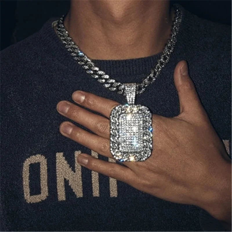 

New 2022 Iced Out Military Dog Tag Pendant Necklaces For Men Bling Cubic Zircon Cuban Chain Hip Hop Party Birthday Gift for Men