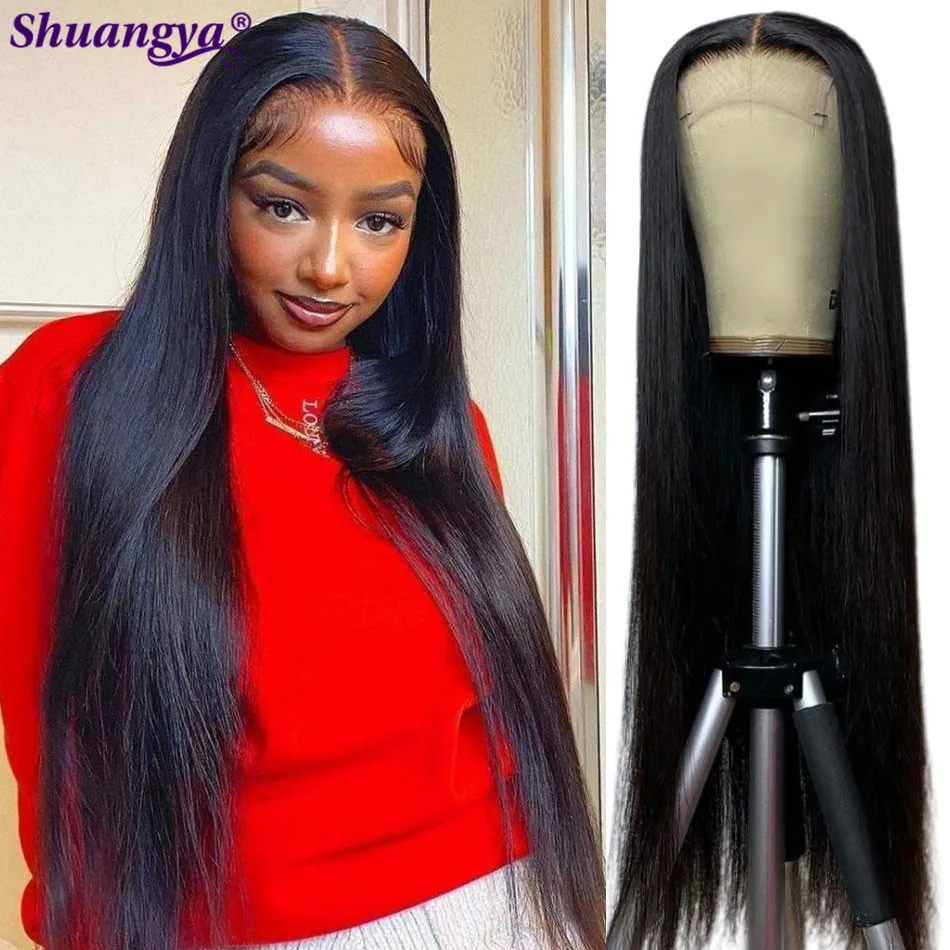 28 30 Inch Bone Straight Human Hair Wig 180 Density 4x4 Lace Closure Wig Pre Plucked Peruvian Human Hair Wigs For Women Shuangya