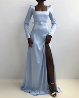 elegant light blue a line long split formal evening dresses sleeves square neck prom party gown robe de soir%c3%a9e
