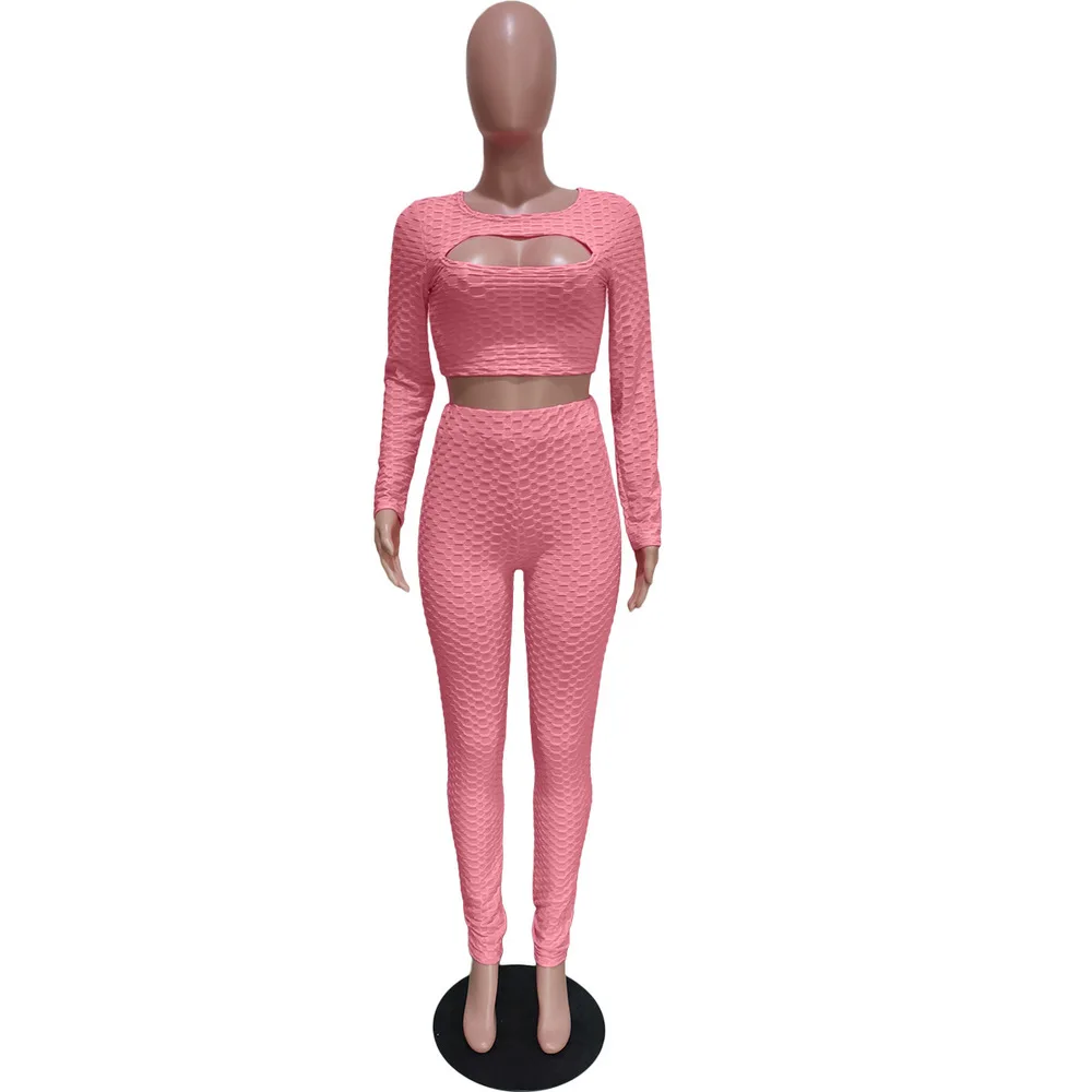 

Pink/black/burgundy Fitness Tracksuit Two Piece Set Women Streetwear Hollow Front Long Sleeve Slim Crop Top+skinny Legging Suit