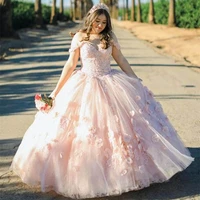 light pink princess ball gown quinceanera dresses 2022 off the shoulder appliques flowers sequined party sweet 16 pageant dress