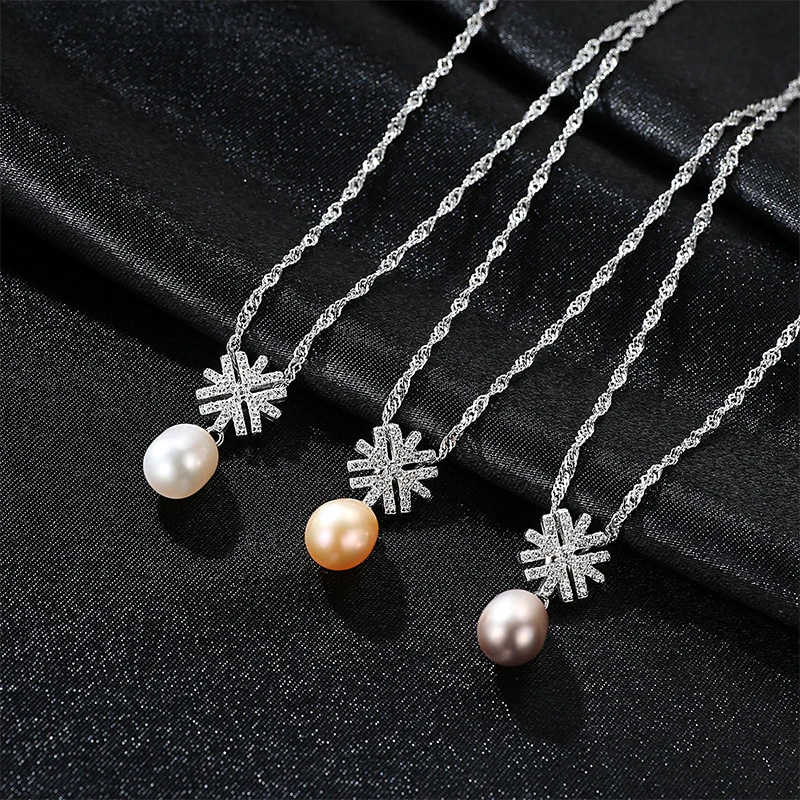 DOTEFFIL New 925 Silver Chain Water-Wave Snowflake Pearl Necklace Pendant Natural Freshwater Jewelry Link Women Gift | Украшения и