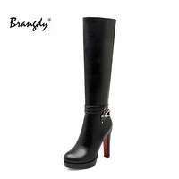 brangdy new thicken winter knight boots women knee high long square heel retro motorcycle black white botas mujer size 43