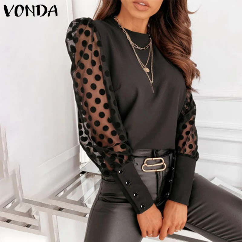 

Женская блузка 2021 VONDA с длинным рукавом, рубашки в горошек для вечерние, Женские повседневные топы, черная блузка с длинным рукавом, женские ...