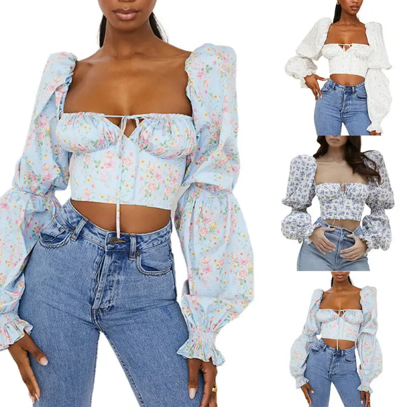 

Women's Casual Tops Flowers Digital Printed Sexy Ladies Square Neck Summer 2021 Backless Sheath Long Sleeve T-shirts Clothing