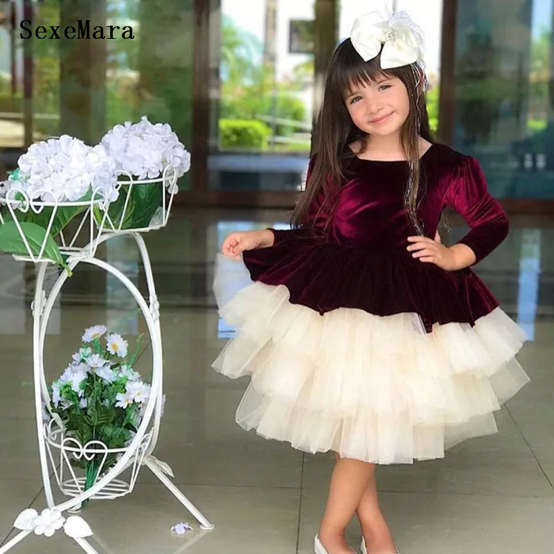 New Long Sleeve Birthday Party Dress for Girls Burgundy Velvet Kids Party Dress Girls Pageant Gowns kids clothes