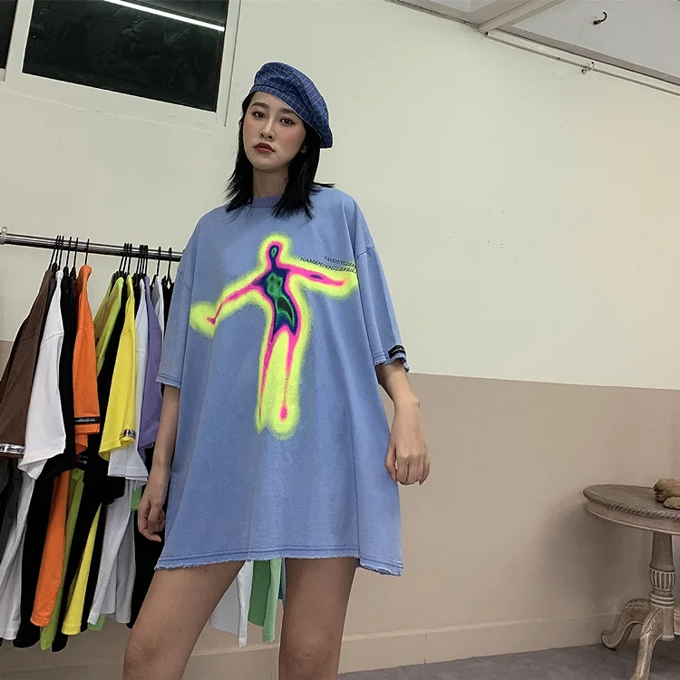 

SHENGPALAE Gradient Color Streetwear Tops Women's Summer 2021 New Round Neck Large Size Back Letter Short Sleeve T-shirt 5E1477