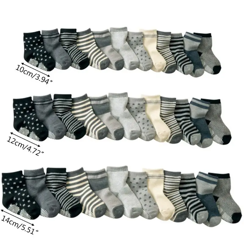 

900C 12 Pairs Non Skid Anti Slip Cotton Grip Socks Slip-resistant Floor Socks for Toddler Baby Stripe Sock