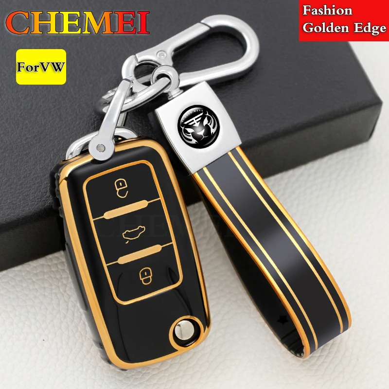 

TPU Galvanized Gold Edge Car Key Case Cover for VW Volkswagen Polo Golf Passat Beetle Caddy Tiguan Skoda Octavia A5 Car Keychain