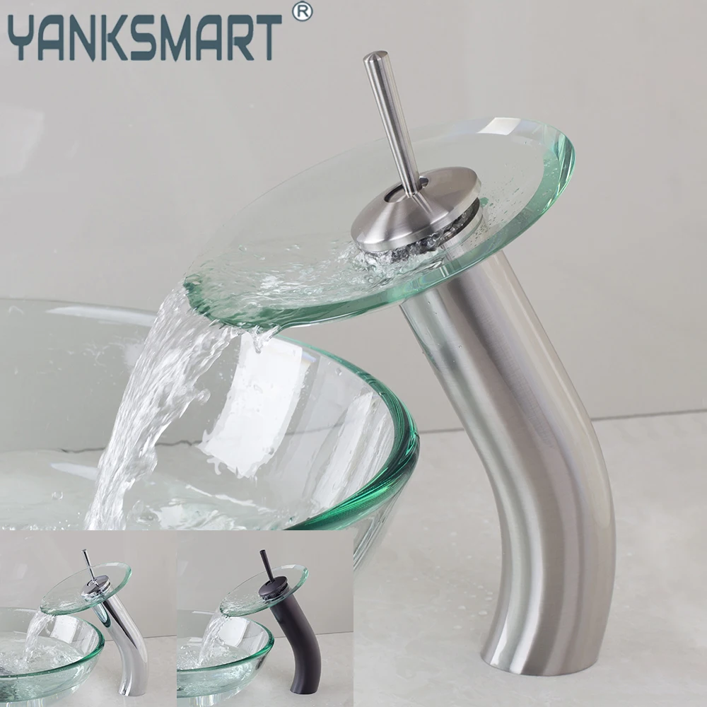 

YANKSMART Waterfall Glass Spout Bathroom Faucet Basin Sink Deck Mounted Single Handle Faucets Washbasin Hot And Cold Water Tap