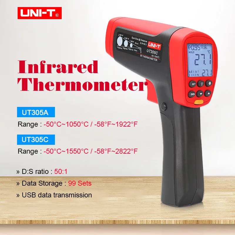 

Лазерный инфракрасный термометр UNI-T UT305A UT305C, Бесконтактный измеритель температуры, инфракрасный пистолет для измерения температуры, хранение данных