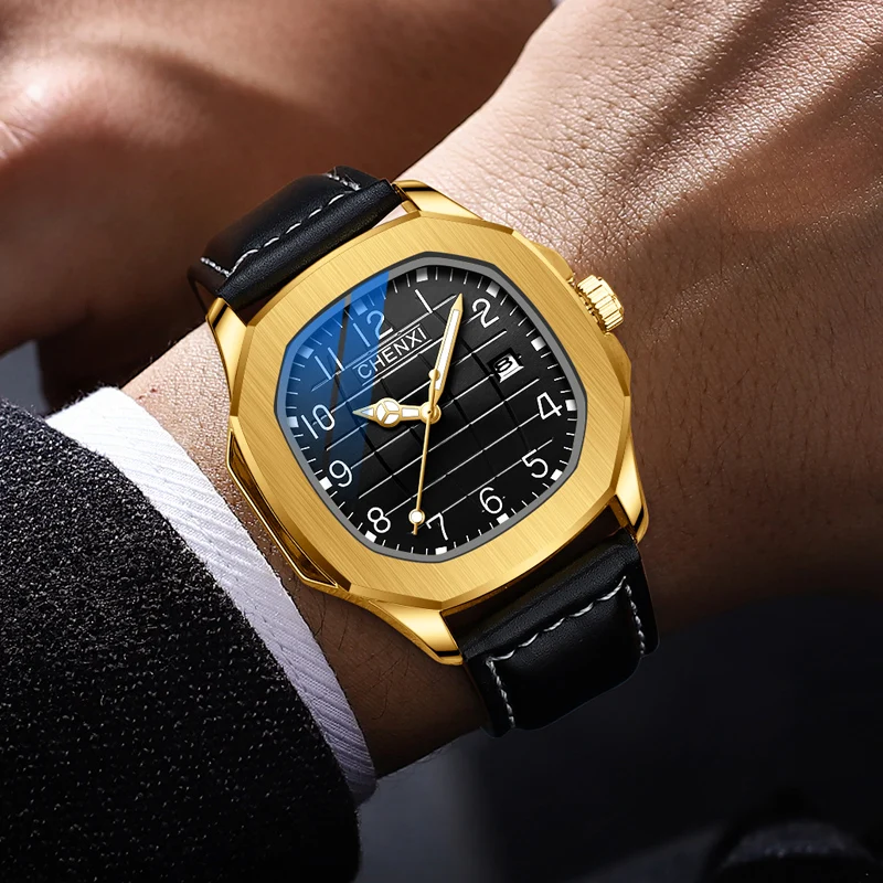 Часы мужские наручные с кожаным ремешком водонепроницаемые датой и коробкой |