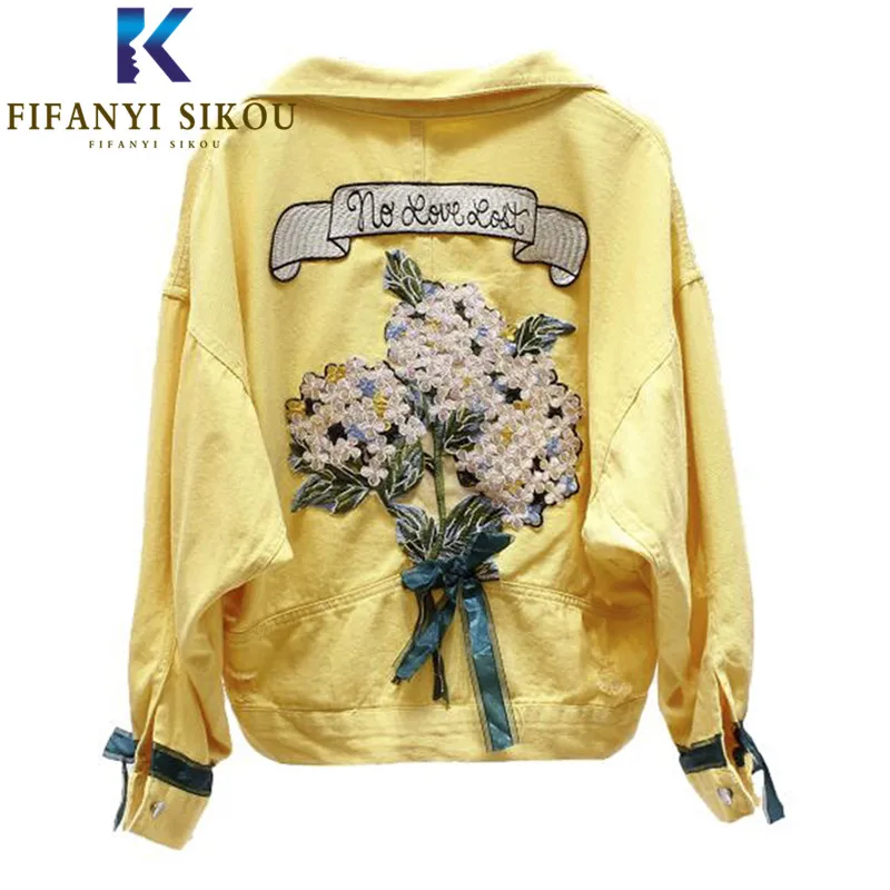 Floral Embroidery Denim Jacket Women Short Coat Fashion Pocket Bow Long sleeve Jeans Jacket Korean Women's Casual Jeans Coat