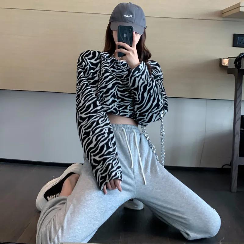 

Spring 2021 Women's Sweatshirt Zebra Print Loose Hip Hop Plush Oversized Short Harajuku Vintage Streetwear Clothes