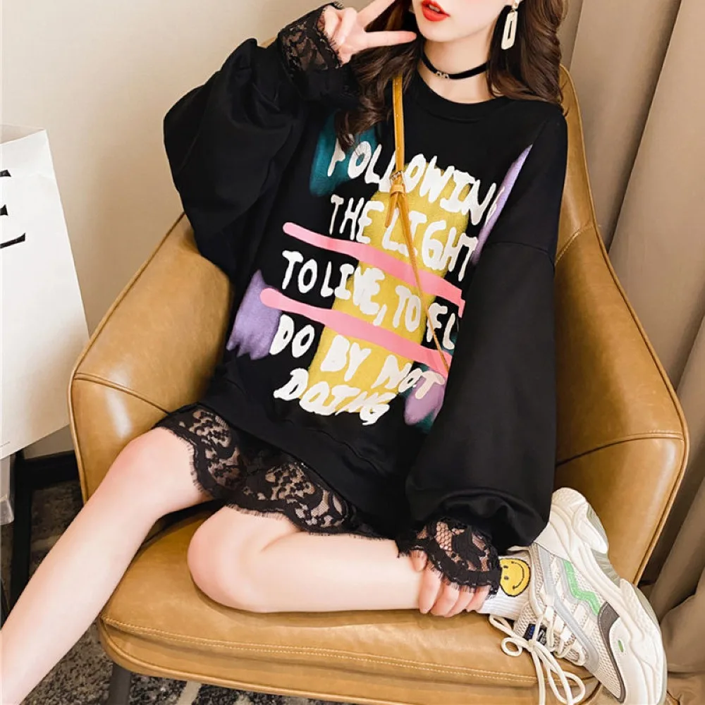 

Women Sweatershirt With Lace Korean Style Loose Hoodies Casual Long Sleeve Letter Top Pullovers Female Spring And Autumn Clothes