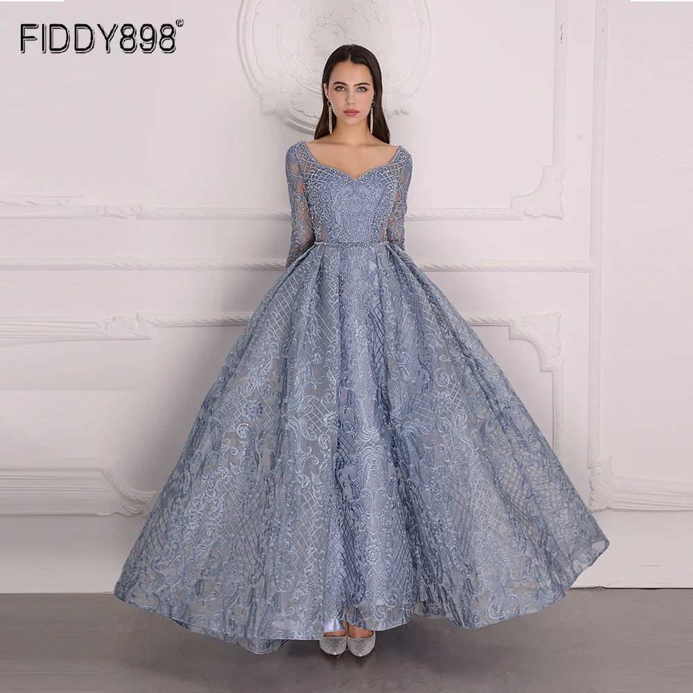 Роскошное вечернее платье трапеция с длинным рукавом блестящее кристаллами и