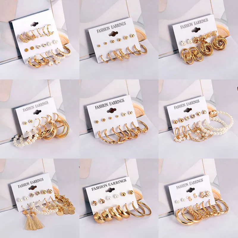 

Punk Fashion Vintage Pearl Earring Set For Women Girls Elegant Jewelry Geometric Circle Long Dangle Drop Earrings 2021 Trendy