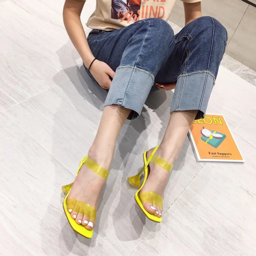 Bellinsley White Yellow PVC Jelly Sandals Crystal Open Toe Perspex Spike High Heels Transparent Heel Sandals Slippers 9CM Pumps