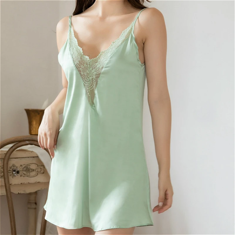 Ночная сорочка женская шелковая с поясом пикантная кружевная соблазнительная