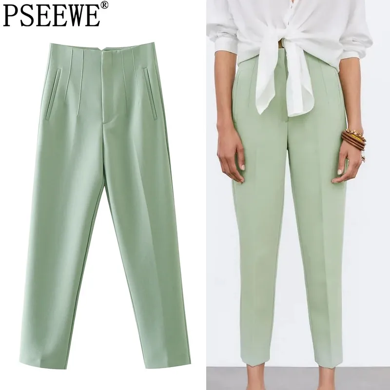 PSEEWE Women Pants Green High Waist Pants Office Casual Black White Pink Woman Trousers Fashion Streetwear Loose Beige Pants