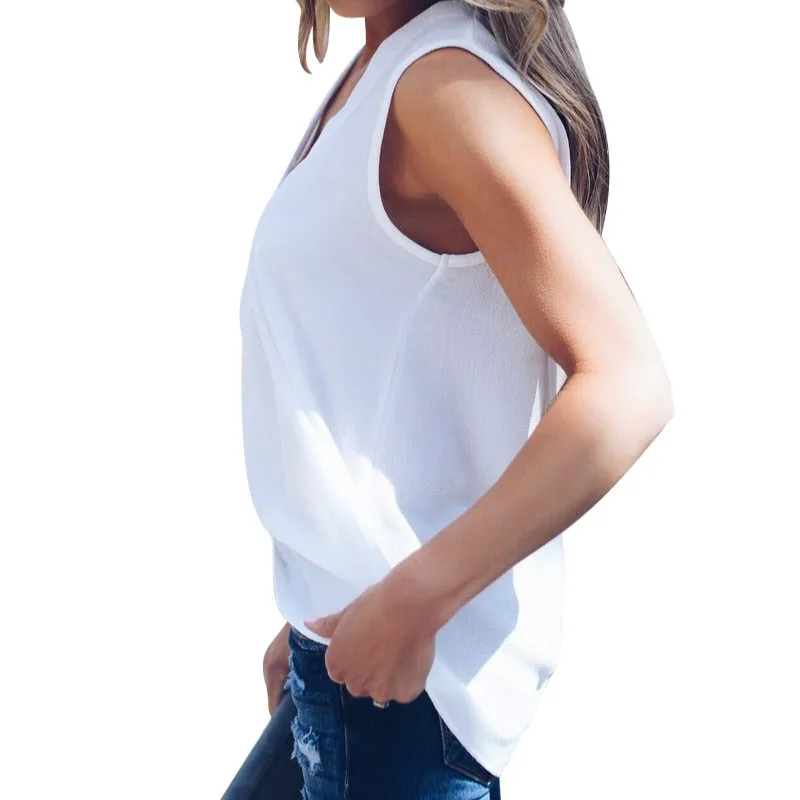 Summer White Women Blouse V-neck Sleeveless Chiffon Shirt Office Lady Simple Solid Green Black Loose Type Plus Size Tops | Женская