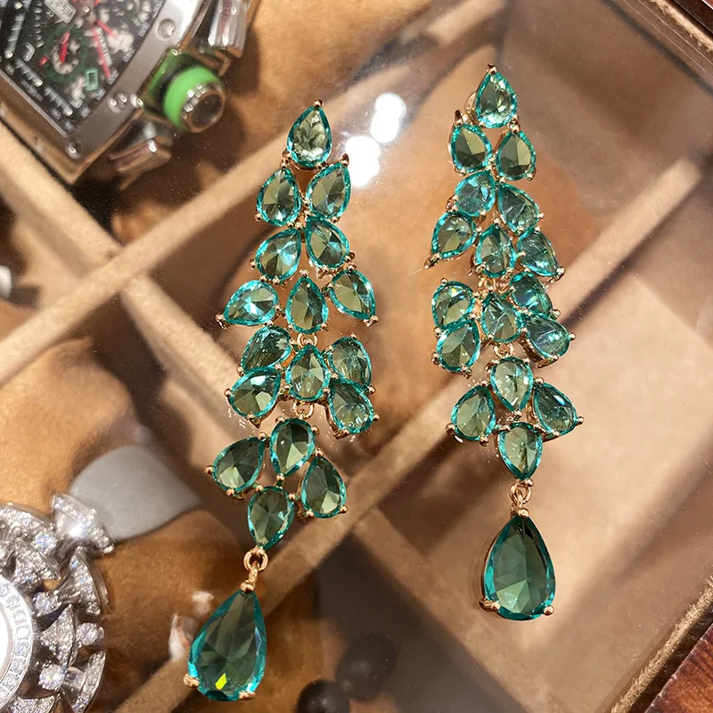 

Vintage Jewelry Luxury Tassels Flower Leaf Drop Earrings With Green Zircon Women's Wedding Party Exquisite Accessories Gifts