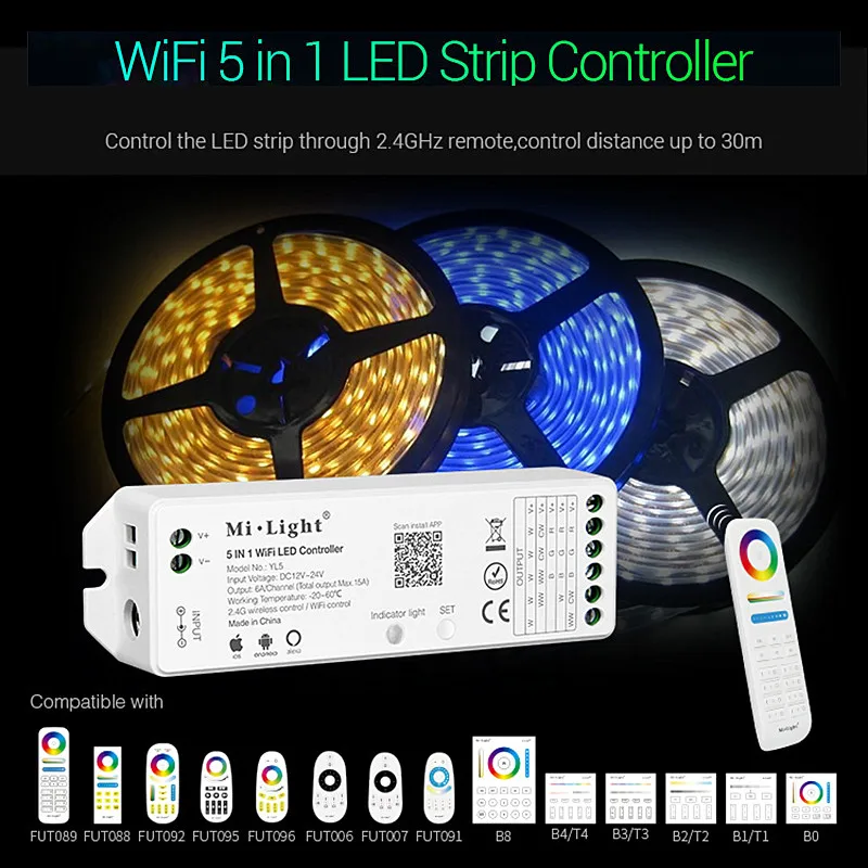 

MiBoxer wifi 5 in 1 LED Strip Controller WL5 Dimmer DC12~24V Smart Phone APP/Remote Control/Alexa/Google Assistant voice Control