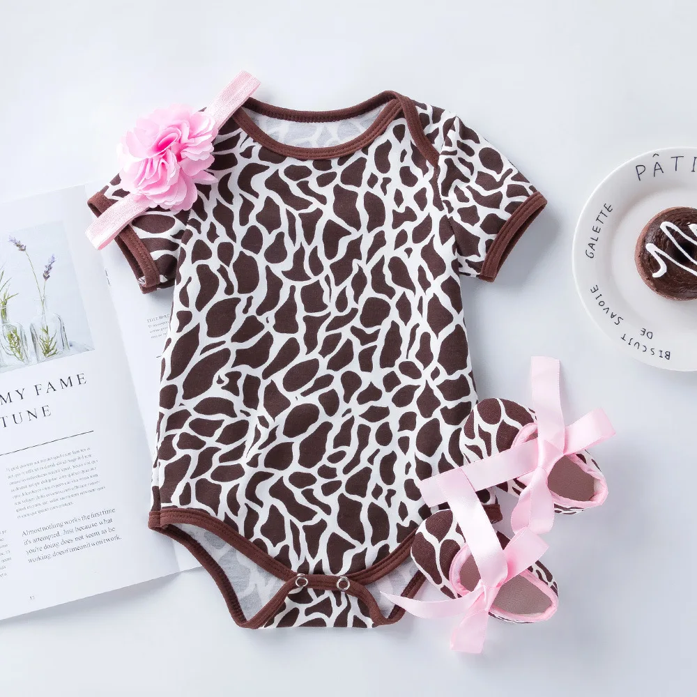 Newborn Baby Girl Flare Sleeve Solid Stripe Leopard Grain Casual Romper Jumpsuit Outfits Clothes Summer Kids Suit |