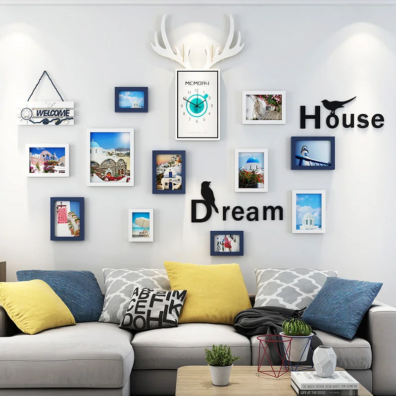

European American Style Photo Frame With Clock Shelf Living Room Home Decor Modern Simple Art Cartoon Fresh Plant Geometric Patt
