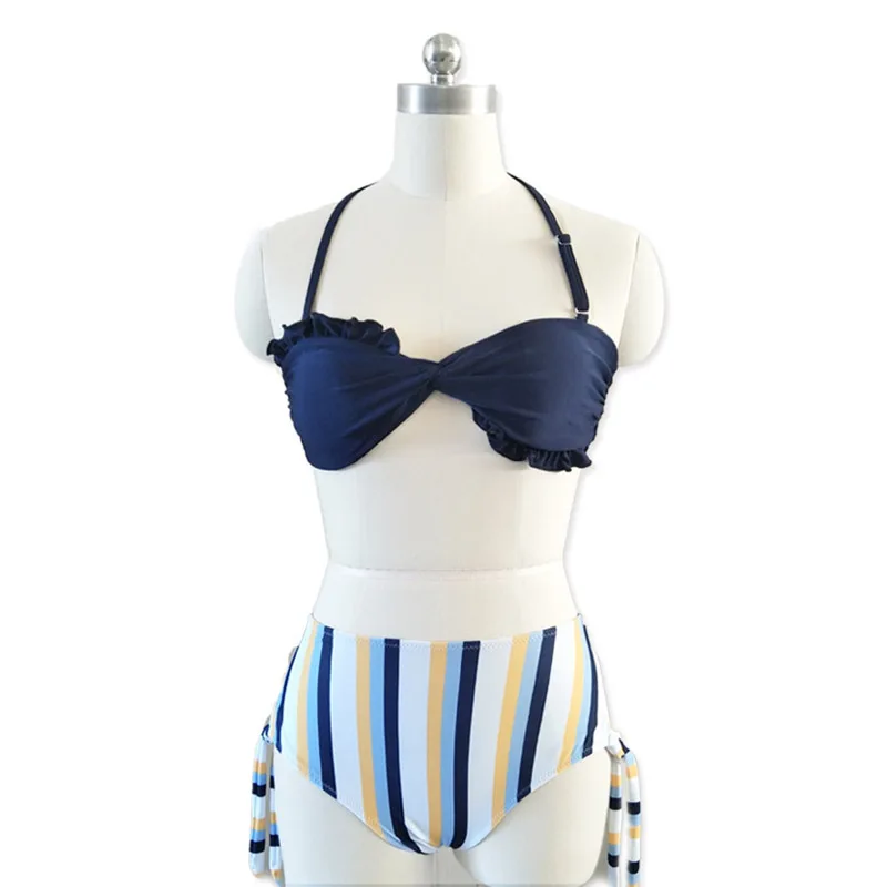 

Women Bikini Ruffles High Waist Mujer Swimsuit Striped Halter Bikini Set Swimming Suit For Women Push Up Bathing Suit Biquini