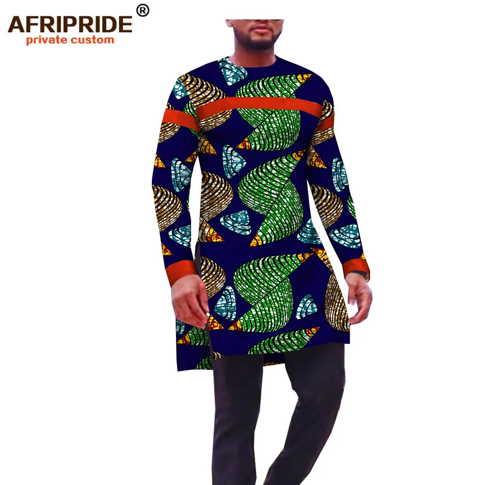 Африканская Повседневная рубашка для мужчин AFRIPRIDE сделанная на заказ рубашка с длинным рукавом и круглым вырезом с длинным разрезом по бокам африканская восковая хлопковая рубашка A1812002 - Цвет: 485J
