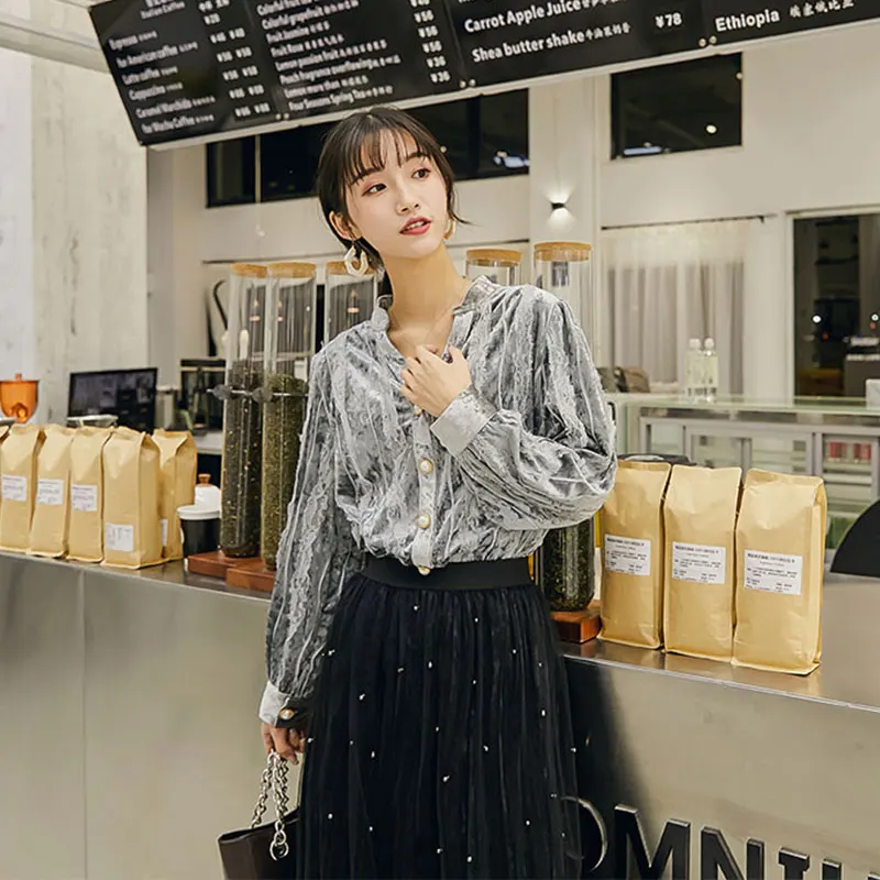CHEERART V Neck Velvet Blouse Long Sleeve Lace Patchwork Ladies Top Vintage Fall Korean Fashion Clothing | Женская одежда