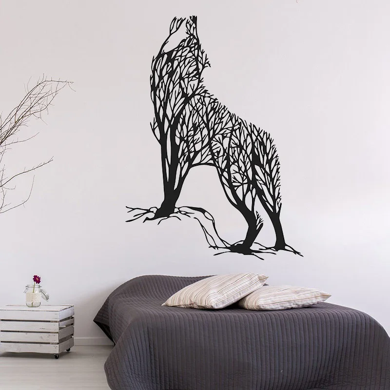 

Creative Abstract Tree Wild Howling Wolf Wall Sticker Animal Home Art Decal For Living Room Waterproof Mural M0016