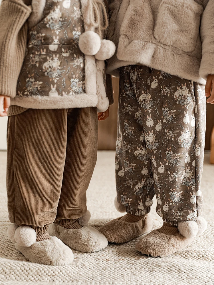 

Утепленные вельветовые брюки для девочек, Зимние Повседневные флисовые брюки с цифровым принтом в стиле ретро