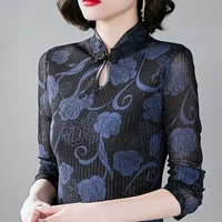 spring summer women chinese style blouses long sleeve stand collar tops mesh print t shirt 4xl feminine blusas