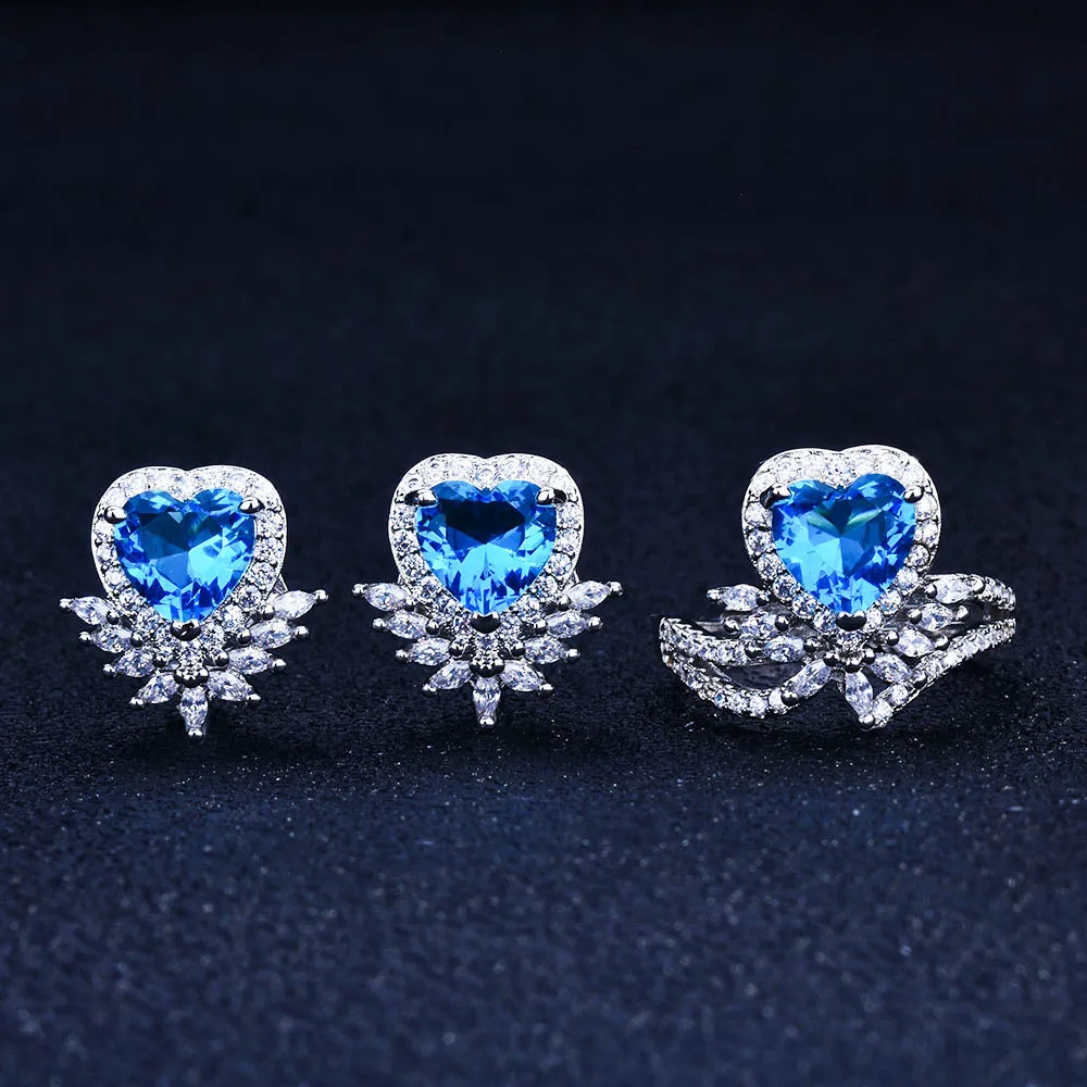 

Romantic Heart Design Jewelry Sets For Women Yellow/Pink/Blue Crystal Wedding Engagement Earrings Ring Valentines Gifts For Girl