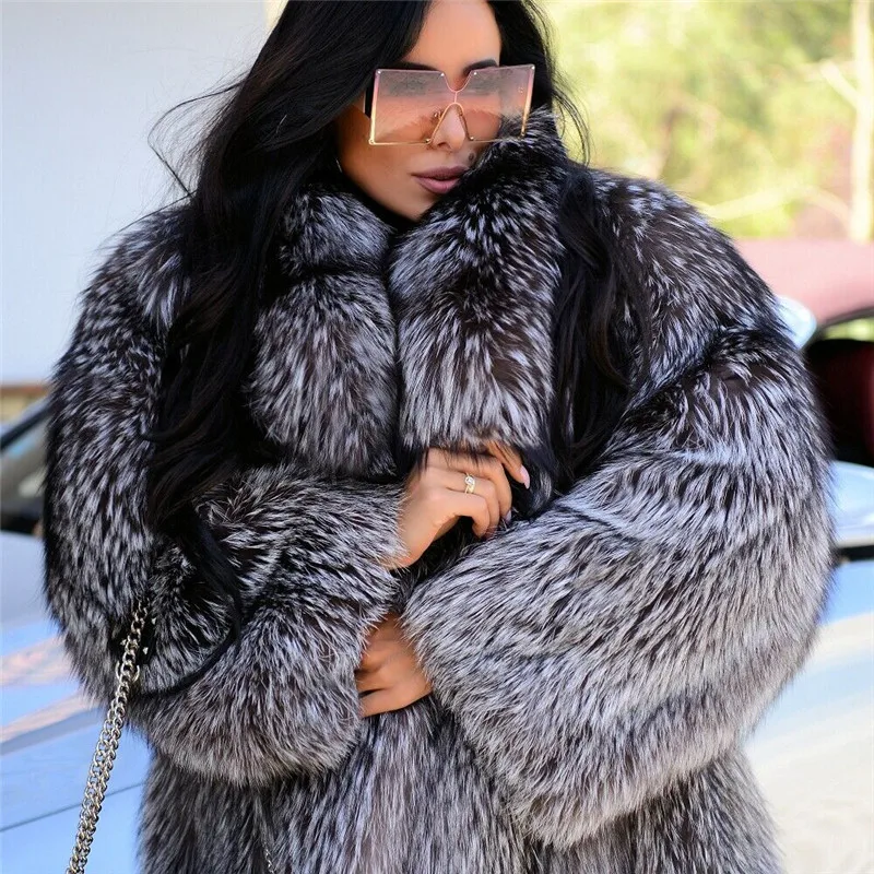 BFFUR Long Silver Fox Fur Coat Natural Women High Quality Whole Skin Genuine Silver Fox Fur Overcoats With Big Lapel Collar Coat