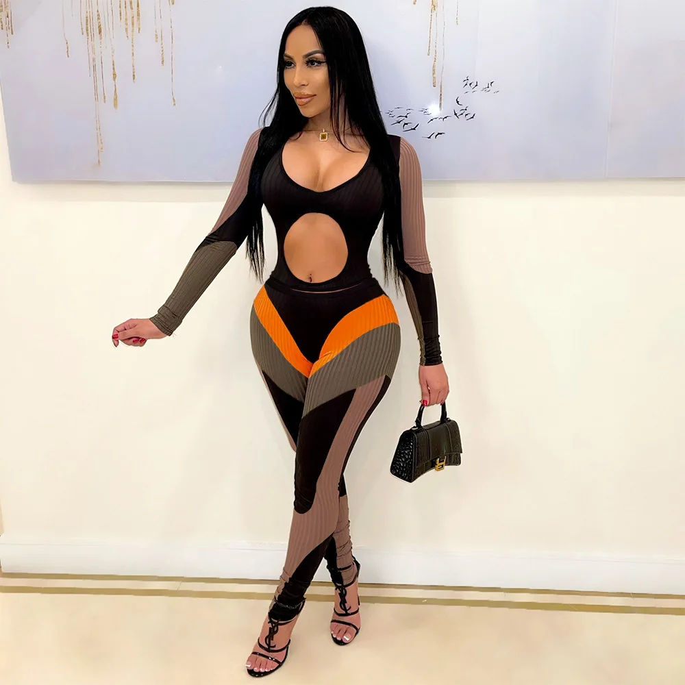

Contrast Color Knitted Long Sleeve Hollow Out Slim Crop Tops Skinny Pencil Pants Sexy Party Women Two Piece Outfits Fall 2022