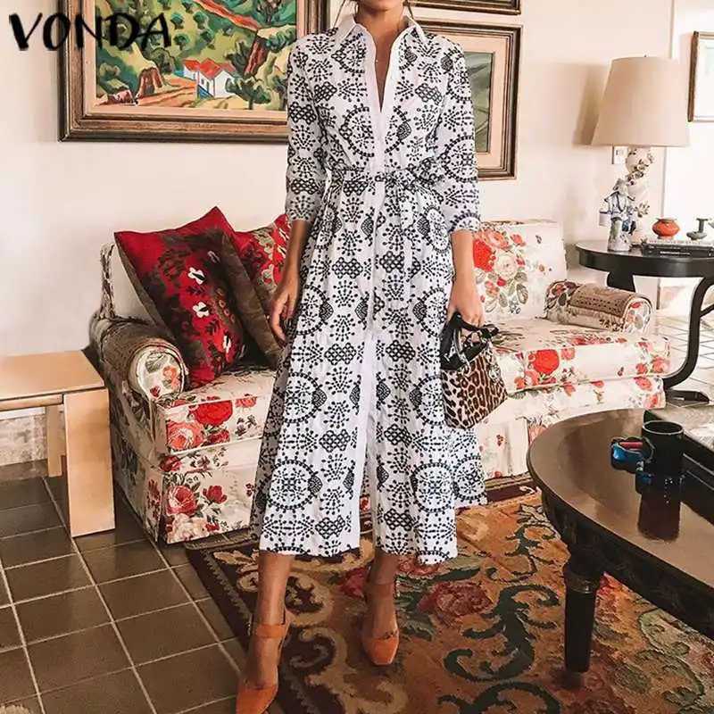 Женское платье с принтом размера плюс VONDA винтажное сексуальное v-образным